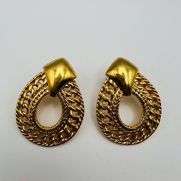 galen Jewelry - Vintage GALEN Gold Tone Statement Earrings Textured Loop Signed